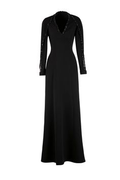 Description Black Column, Long dress Fitted, Long Sleeves V-Neck Crepe, Beading Dry Clean Evening Dress RTWSS23-39JETBLACK34 Black Fr, Beaded Neckline, Flare Dress, Black Dress, Ootd, Dresses, Black, Clothes