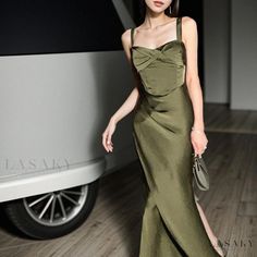 Lasaky - Yuelaiyi Satin Spaghetti Strap Maxi Dress - Slim Fit Long Gown Vintage Bodycon Prom Dresses, Green Evening Dress Vintage, Spaghetti Strap Bodycon Dress, Gaun Fashion, Mermaid Evening Gown, Satin Dress Long, Office Dresses For Women, Dress Women Elegant, Ball Gowns Evening