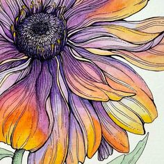 a drawing of a purple and yellow flower