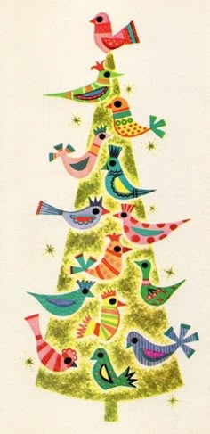 a colorful christmas tree with birds on it