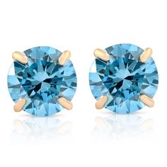 This classic pair of round studs features two matching round brilliant cut blue lab grown diamonds. All diamonds are prong set in 14k yellow gold findings. Color: blue/gold/yellow. Gender: female. Age Group: adult. Blue Moissanite, Yellow Gold Earrings, Diamond Settings, Yellow Gold Earring, Yellow Diamond, Blue Diamond, Gold Fashion, Lab Created Diamonds, Round Brilliant Cut