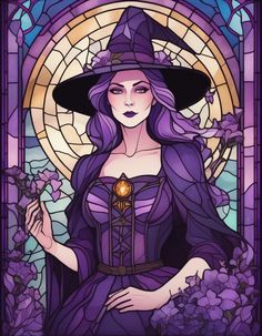 a woman wearing a witches hat and holding a wand in front of a stained glass window