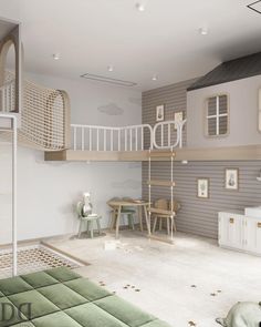 a bedroom with a loft bed and stairs to the second floor is shown in this rendering