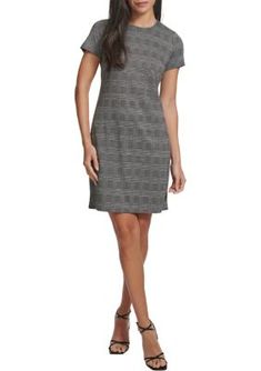 This posh A-line dress from Calvin Klein showcases a timeless houndstooth print. | Calvin Klein Women's Short Sleeve Printed A-Line Dress, 12 Casual Mini Dress With Houndstooth Pattern For Work, Calvin Klein Formal Dress For Fall, Calvin Klein Fall Formal Dress, Houndstooth Mini Dress For Work, Formal Houndstooth Dress For Fall, Knee-length Houndstooth Office Dress, Knee-length Houndstooth Dress For Office, Houndstooth Pattern Mini Dress For Work, Spring Formal Dress With Houndstooth Pattern