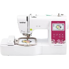 the brother sewing machine is white and has pink flowers on it's front side