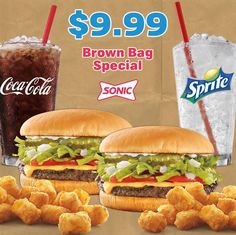 two burgers and some fried chicken are on sale for $ 99 99 at sprite