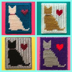 four cross stitch squares with cats and hearts on them