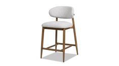 an upholstered bar stool with a wooden frame and fabric seat pad, viewed from the front