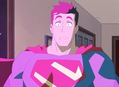 a man with pink hair and a superman costume