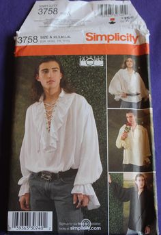 Simplicity 3758 Sewing Pattern for any Pirate, Medieval or Renaissance costume.  The pattern is uncut, and factory folded.  Large blousy sleeves, ruffles or plain, it's all included in the pattern making it very versatile.  All sizes included:  XS, S, M, L, XL. Medieval Shirt, Puffy Shirt, Pirates Of Penzance, Pirate Shirt, Poet Shirt, Shirt Sewing, Peasant Shirt, Costume Sewing Patterns, Shirt Sewing Pattern