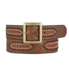 The geometric designs on this studded leather belt are sure to add glam to your boho style. With a beautiful mix of bronze, gold, & dark metal studs – this design is a showstopper at every level. Your T-shirt & jeans never looked better than they do with this studded beauty slipped around your waist. PRODUCT DETAILS · 1.5" width · Premium leather · Handmade with love Leather Belt Buckle, Handmade Leather Belt, Womens Leather Belt, Dark Metal, Beautiful Belts, Design Presentation, Leather Product, Bolo Tie, Studded Belt