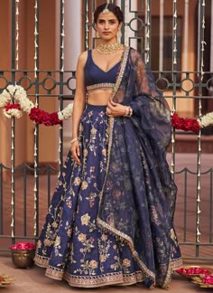 Navy Blue Embroidered Lehenga Indian Fits, Chic Prom Dresses, Lehenga Pattern, Reception Outfit, Latest Bridal Lehenga, Lengha Choli, Blue Lehenga, Silk Bottoms, Embroidered Lehenga