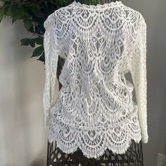 Nwt! Beautiful White Laced Blouse / Long Sleeve. Never Worn Elegant White V-neck Crochet Top, Elegant Lace Trim Blouse For Vacation, Elegant Spring Crochet Top For Layering, Elegant Crochet Top For Spring Layering, Elegant Zara Tops For Layering, Casual Lace Blouse For Layering, White Stretch Lace Top Blouse, White Stretch Lace Top For Layering, Elegant Lace Top Blouse For Vacation