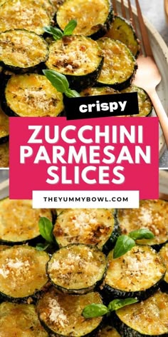 zucchini parmesan slices on a plate with a fork and spoon in the background