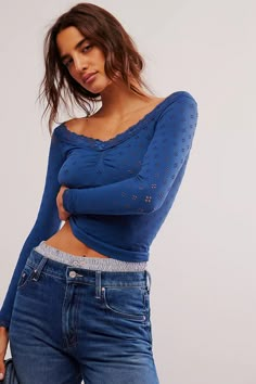 Eyelet Seamless Long Sleeve | Free People Fall Off-shoulder Tops With Lace Trim, Free People Long Sleeve Top, Free People Summer, Free People Long Sleeve, Cloth Design, Eyelet Top, Free People Blue, Blue Top, Fit Check