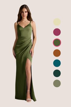 a woman in a long green dress with slits on the side and color swatches