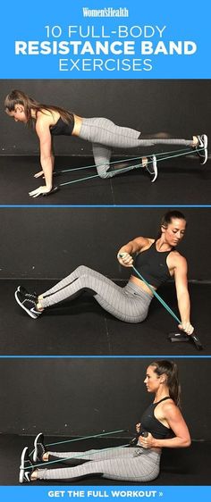 a woman doing resistance band exercises on her stomach and back, with the caption below