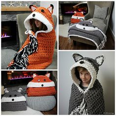 three pictures of a woman wearing a crocheted fox hood