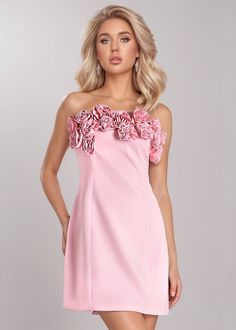 This 3D flower decor strapless tube mini dress features a lace-up back and a delicate pink color. Add a touch of feminine charm to your wardrobe with this effortlessly stylish dress. Perfect for a variety of occasions, this dress is the epitome of chic and sophistication. Fabric: Slight Stretch Material: Polyester, Elastane Pink Mini Dress For Bridesmaids, Elegant Floral Embellished Mini Dress For Prom, Pink Strapless Dress For Formal Occasions, Pink Strapless Dress With Straight Neckline For Formal Occasions, Formal Pink Strapless Dress, Elegant Rose Mini Dress With Rose Detail, Feminine Prom Dress With Rose Detail, Elegant Evening Dress With Rose Detail And Sweetheart Neckline, Pink Mini Dress With Straight Neckline