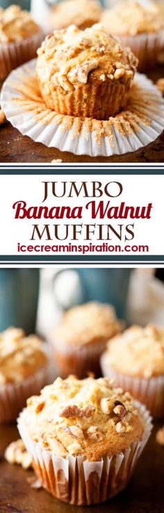 some muffins are sitting on top of a wooden table with the words jumbo banana walnut muffin muffins