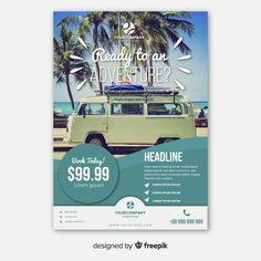 a flyer for an adventure with a van and surfboard on the roof, in front of palm trees