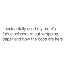 the text reads, i accidentally used my mom's fabric scissors to cut wrapping paper and now the cops are here