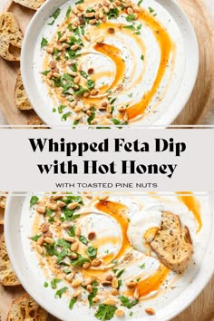 whipped feta dip with toasted pine nuts in a white bowl