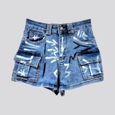 Elevate your fashion game with our wide-leg graffiti-print denim shorts from the 2024 Summer Collection. These shorts are a perfect blend of laid-back graffiti prints and uncontrived wide-leg silhouette, making them a must-have for every modern-forward individual.Distinctive Features Fashion-Forward Design: These shorts are designed to make a statement and turn heads with their unique graffiti prints and wide-leg style. Wide-Leg Cut: The wide-leg fit type of these shorts allows for maximum comfort and movement, perfect for any occasion. Painted Graffiti Prints: The hand-painted graffiti prints on these shorts add a touch of hippie flair, making them stand out from the crowd. Stonewashed Finish: The stonewashed finish gives these shorts a vintage, worn-in look that adds character to any out Print Denim, Graffiti Prints, Casual Date, Printed Denim, Trend Setter, Summer Collection, Music Festival, Fashion Games, Fashion Forward