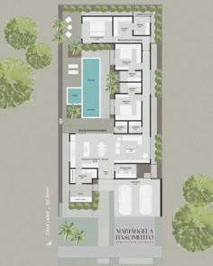 an aerial view of the floor plan for a house with swimming pool and trees in the background