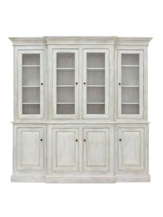 a white china cabinet with glass doors and drawers on the front, against a white background