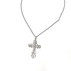 "20\" Victorian Cross Chain made of .925 sterling silver." Silver Necklace Cross, Elegant Silver Crucifix Necklace, Classic Silver Cross Pendant Necklace, Classic Silver Pendant Cross Necklace, Silver Cross Pendant With Adjustable Chain, Silver Cross Pendant Jewelry With Adjustable Chain, Spiritual Silver Charm Necklace With Clavicle Chain, Classic Necklaces With Silver Chain And Cross Pendant, Classic Silver Cross Necklace