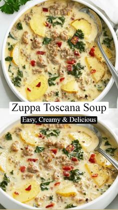 two bowls of zupa toscana soup with sausage, potatoes and kale