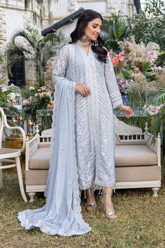 Azure Snowy Dove Wedding Edition Elegant Blue Lawn Suit For Wedding, White Wedding Suit For Festive Occasions, Elegant Blue Wedding Lawn Suit, Unstitched Blue Wedding Suits, Elegant Unstitched White Suit, Blue Wedding Suits With Dupatta, Elegant White Lawn Suit For Wedding, Unstitched White Wedding Suit, Fitted White Lawn Suit For Wedding