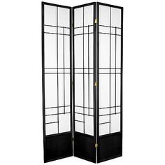 a black and white room divider with glass panels on the top, two doors open