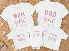 three t - shirts with the words mom, dad and me printed on them in pink