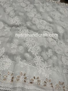 Beautiful Chikankari (famous hand embroidery style from Lucknow, City of Nawabs, India) on georgette saree with gota patti add ons. FALL ATTACHED AND PETTICOAT INCLUDED ! Includes hand embroidered blouse piece. Lucknow City, White Saree, Georgette Sarees, Embroidered Blouse, Blouse Piece, Petticoat, To My Daughter, Hand Embroidered, Hand Embroidery