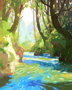 a river flowing through a lush green forest