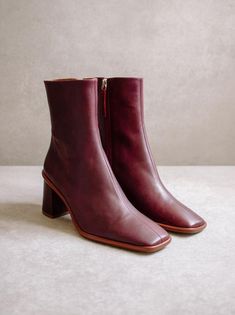 Alohas West Cape Vintage Burgundy Wine | Auralie Modern Heeled Boots With Sculpted Block Heel, Modern Heeled Boots With Sculpted Heel, Modern Heeled Boots With Contrasting Heel Counter, Modern Heeled Boots With Sculpted Heel For Fall, Modern Heeled Boots With Sculpted Heel For Office, Modern Heeled Boots With Stacked Heel, Modern Heeled Boots With Sculpted Heel For Work, Modern Heeled Boots For Workwear, Red Leather Boots