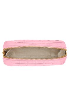 Perfect as an everyday makeup bag or a travel essential, this pretty-pink pouch with a signature handwoven intrecciato construction will always be appreciated. Zip-around closure Canvas lining Leather Made in Italy Designer Handbags Luxury Everyday Wallets With Rectangular Case, Designer Rectangular Coin Purse For Travel, Designer Rectangular Cosmetic Bag For Daily Use, Designer Compact Coin Purse For Travel, Luxury Coin Purse Pouch For Everyday, Elegant Pouch With Interior Card Slots For On-the-go, Designer Rectangular Cosmetic Bag With Removable Pouch, Designer Cosmetic Bag With Removable Pouch, Luxury Rectangular Cosmetic Bag For On-the-go