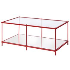 a red metal and glass coffee table with shelves on each side, against a white background