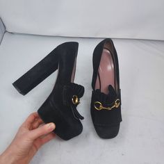 Gucci Marmont Suede Platform Heel Pump Size Eu 39.5 Us 9.5 Womens 100% Authentic All Black Suede Slip On Chunky Black Heel With Signature Gold Horsebit Hardware And Fringe On Toe Chunky Heel And Platform Bottom Rounded Toe 90's Y2k Style Heels: 6" Please Note Signs Of Wear On Bottom As Shown. Please Note Faint Scratches/Marks Due To The Nature Of The Suede Material As Shown. Fading On Footbed As Shown 5.17 Gucci Marmont Heels, Gucci Marmont Pump, Gucci Black Heels With Sculpted Heel, Gucci Heels With Removable Insole, Open Heel, Gucci Black Platform Heels, Gucci Marmont, Black Heel, Platform Heel, Suede Material