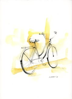 a watercolor painting of a bicycle on a white background with yellow and gray colors