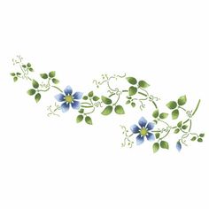 blue flowers and green leaves on a white background