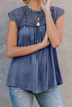 Blue Crochet Lace Trim Splicing Casual Blouse Work Casual Plus Size, Outfit Work Casual, Blouses Outfit, Flirty Tops, Cheap Blouses, Leaf Bowls, Outfit Work, Lace Sleeveless Top, Plus Size Winter