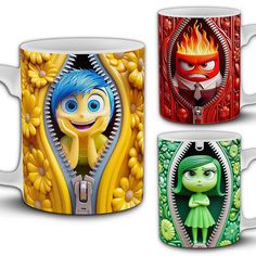 three mugs with cartoon characters on them