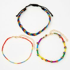 Keep your ankles bright and colorful this summer! This pack includes three different designs of rainbow cord anklets. Length: 9" + 2" extender Finish: Gold-tone Closure: Bolo/Lobster clasp Pack Size: 3 Material: Polyester - Claire's Rainbow Cord Anklets - 3 Pack Fashionable Jewelry, Jewelry And Accessories, The Rainbow, Anklets, Lobster Clasp, This Summer, Gold Tones, Rainbow, Gold