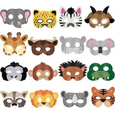 a group of different animal masks on a white background