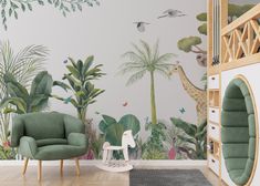 an animal themed wallpaper in a children's room with green chairs and palm trees