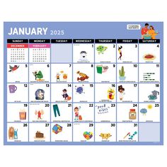 a calendar with different things on it for the month of january, including children's toys