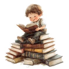 a young boy sitting on top of a pile of books